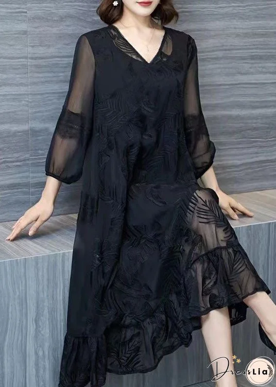 Organic Black V Neck Embroidered Patchwork Tulle Dresses Summer