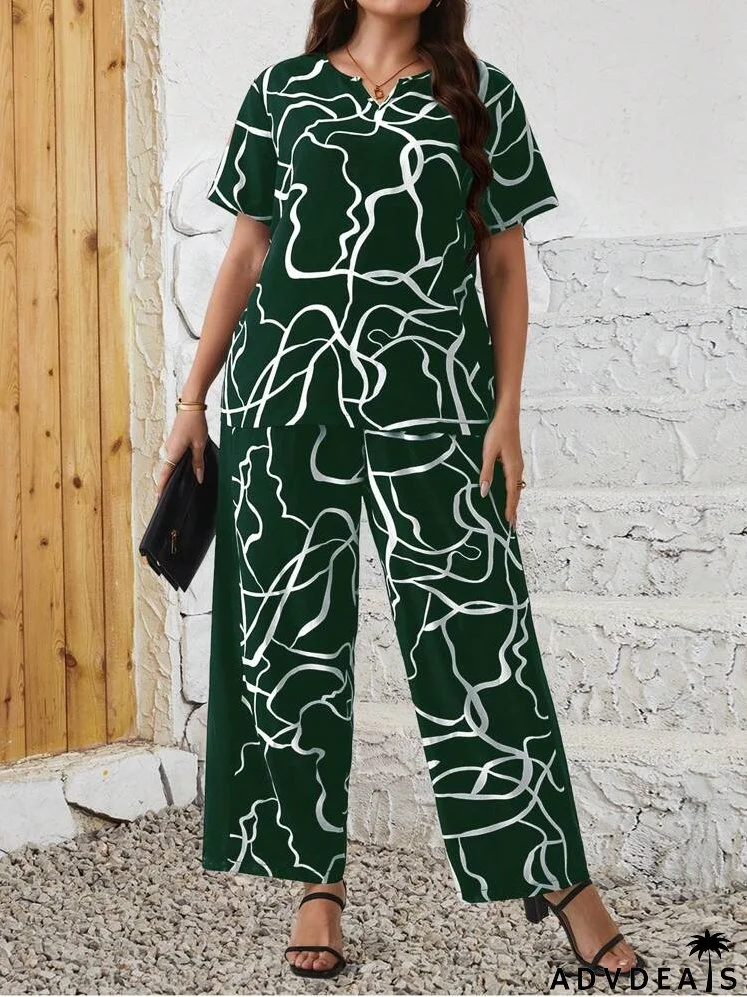 Plus Size Allover Print Short Sleeve Top And Pants Set