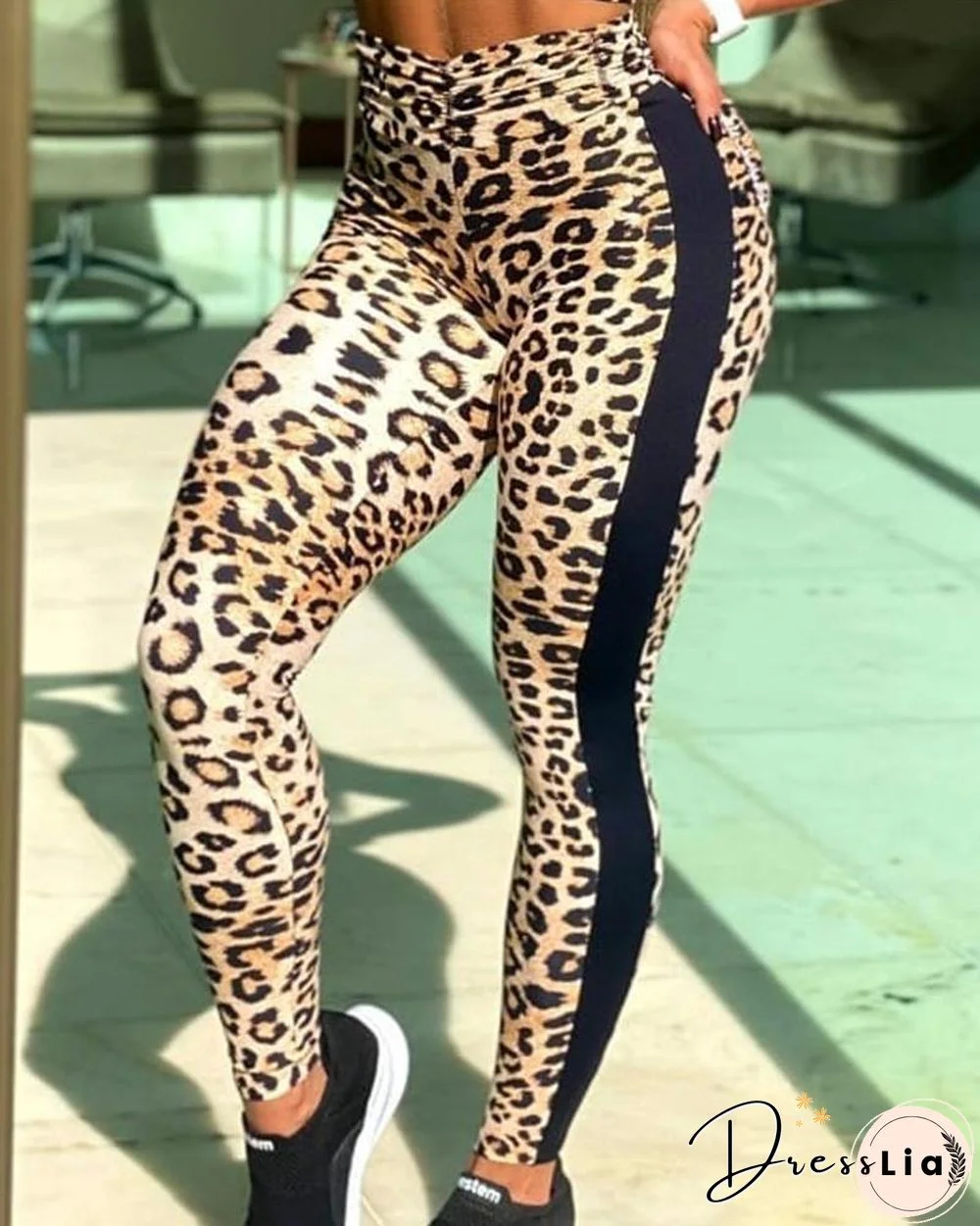 Color Block Splicing Leopard Skinny Sport Yoga Pants