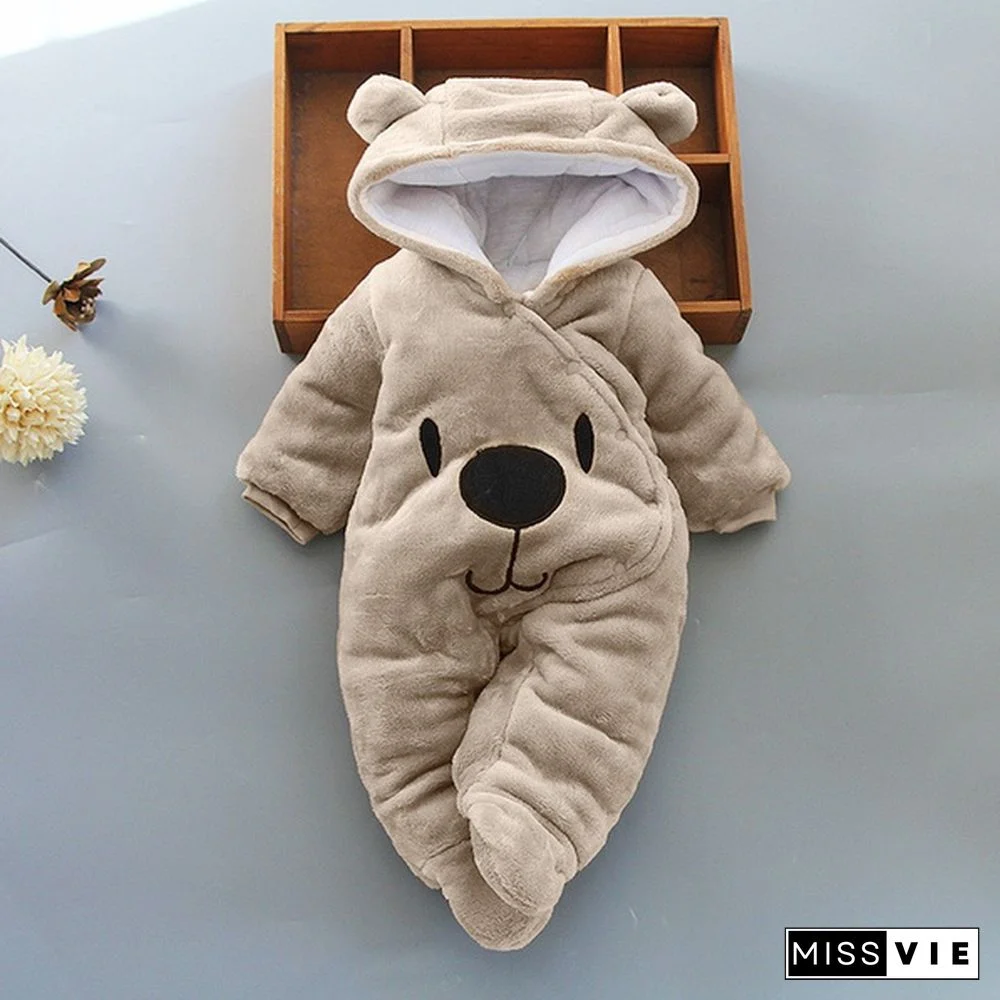 Newborn Baby Girl Boy Solid Color Cartoon Bear Velvet Hooded Jumpsuit Winter Warm Thick Romper Clothes