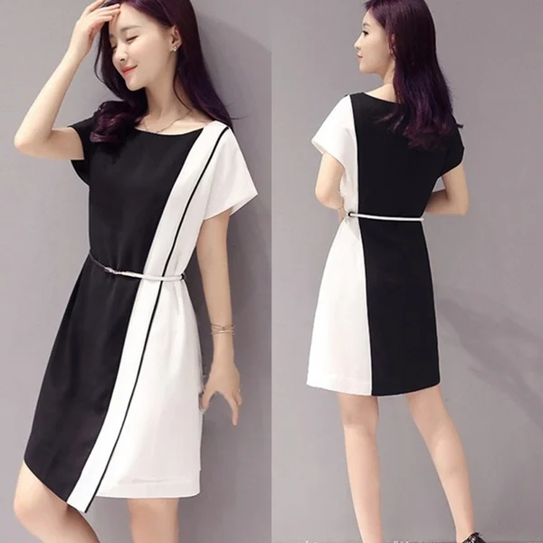 Summer Women Fashion Chiffon Mini Dress Black White Short Sleeve O-Neck Dress