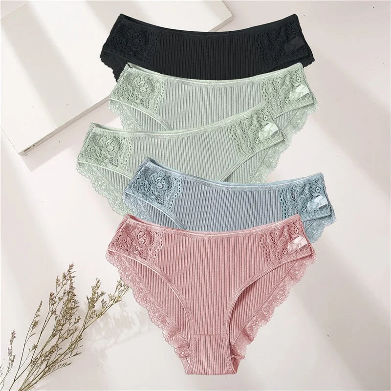 FINETOO 5PCS/Set Women Cotton Underwear Panties Floral Lace Soft Intimates Underpant For Woman Sexy Ladies M-XXL Lingerie Panty