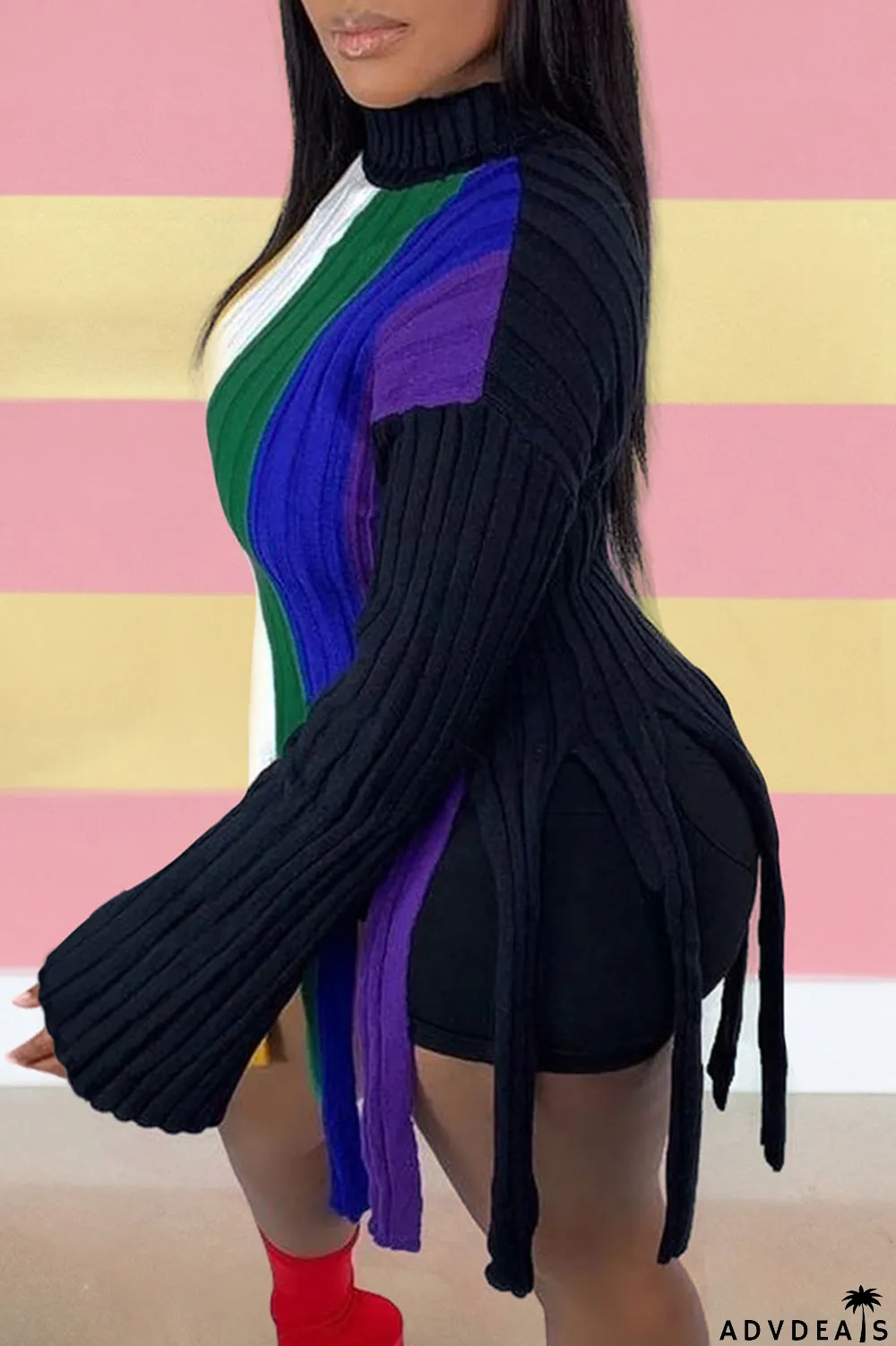 Colour Fashion Street Striped Tassel Split Joint O Neck Tops