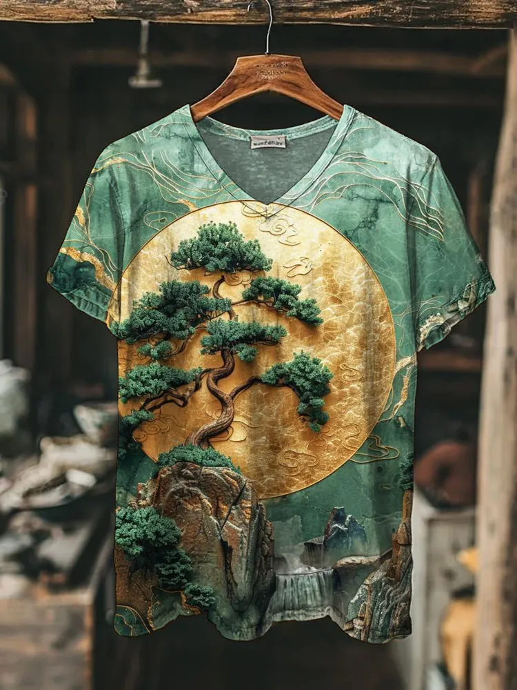 Japanese Art Green Pine Print Men's V-neck T-shirt