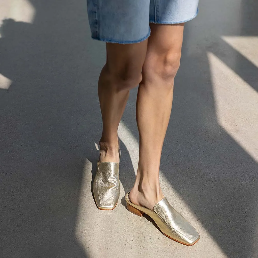 Gold Metallic Finish Square Toe Block Heel Loafer Mules for Women