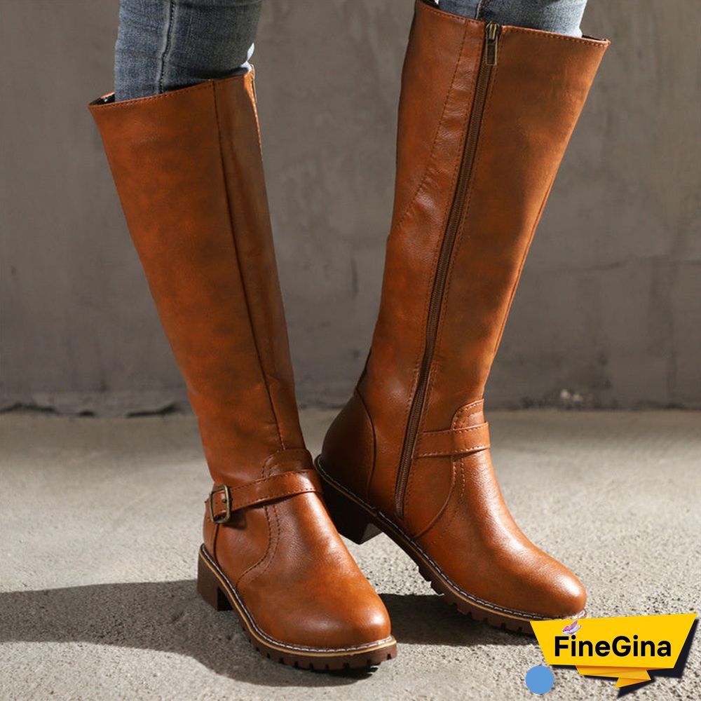 Vintage Round Toe Buckle Tall Boots Chunky Heel Riding Boots