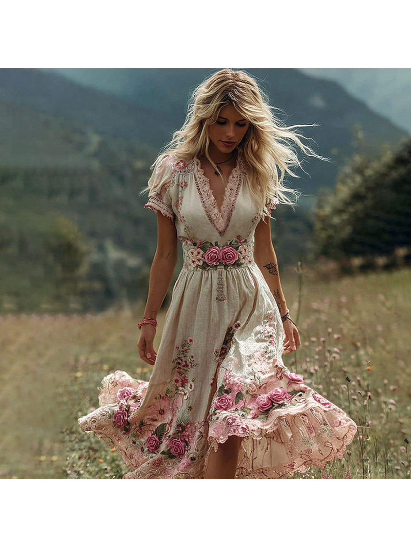 Women's Bohemian Floral Maxi Dress - Long Flowing A-Line Beach Dress With Lantern Sleeves, Dark Green & Orange Floral Print, Lightweight Breathable Vintage Summer Dress For Vacation, Festival | IFYHOME