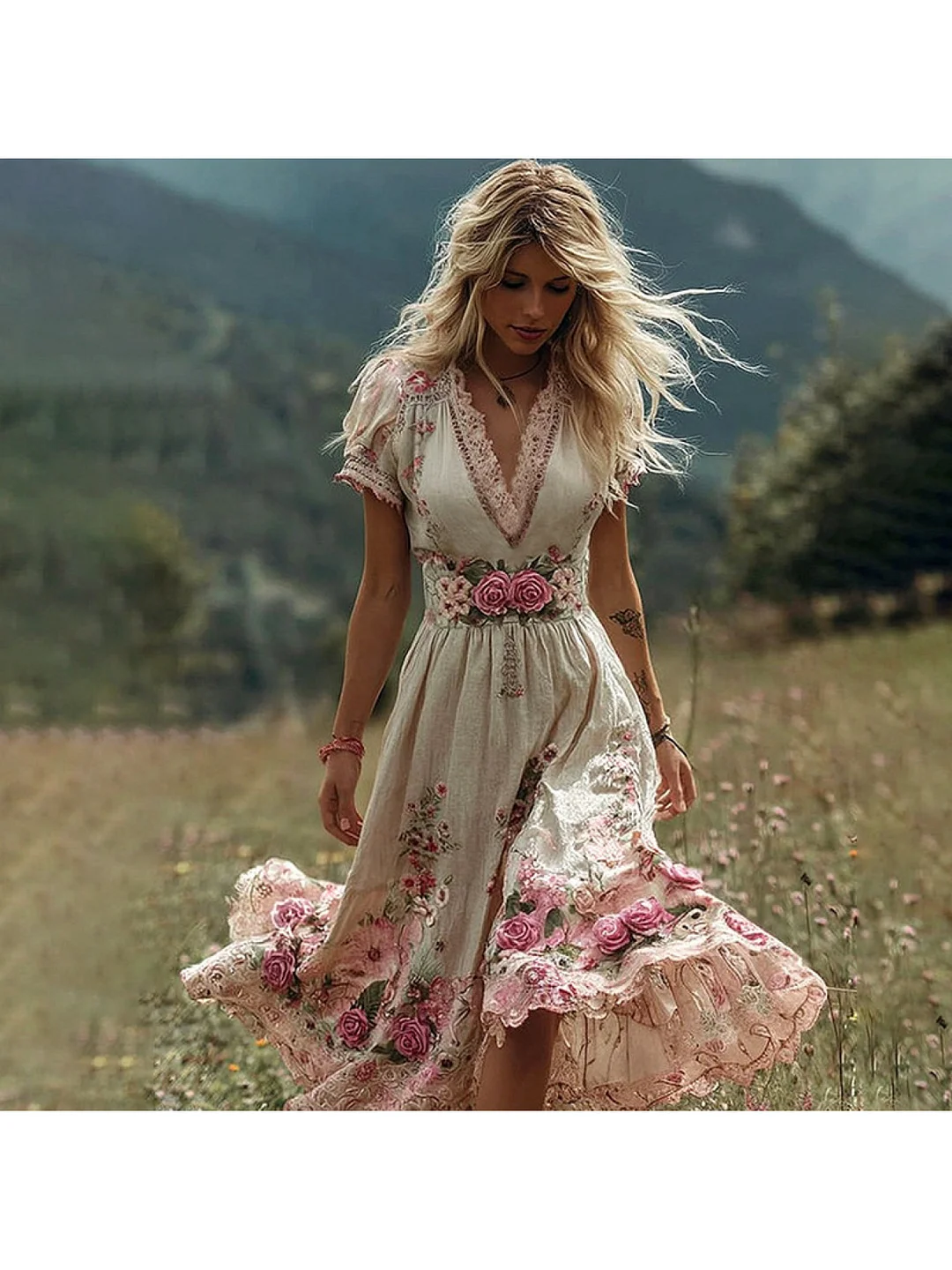 Women's Bohemian Floral Maxi Dress - Long Flowing A-Line Beach Dress With Lantern Sleeves, Dark Green & Orange Floral Print, Lightweight Breathable Vintage Summer Dress For Vacation, Festival | IFYHOME