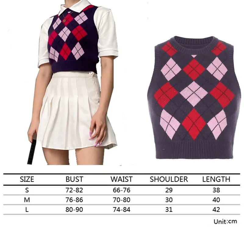 Argyle Sweater Vest Women  Black Sleeveless Plaid Knitted Crop Sweaters Casual Autumn Preppy Style 2020 tops V Neck Vintage