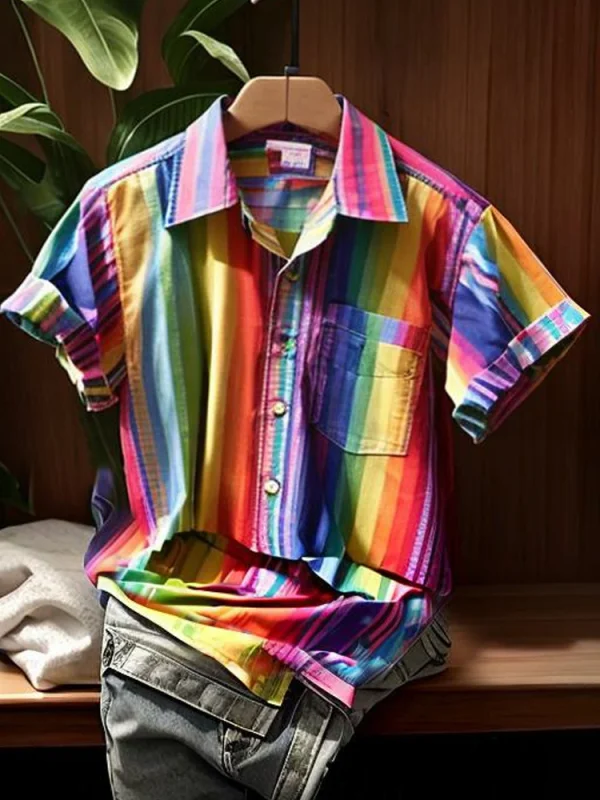 Men's rainbow striped cotton linen shirt