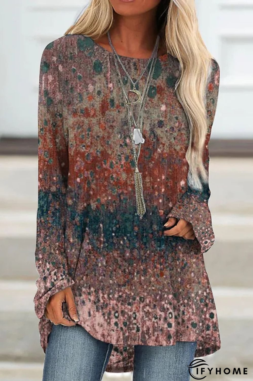 Casual Women's Crew Neck Top Loose Long Sleeve Vintage Print Pullover Fashion T-Shirt | IFYHOME