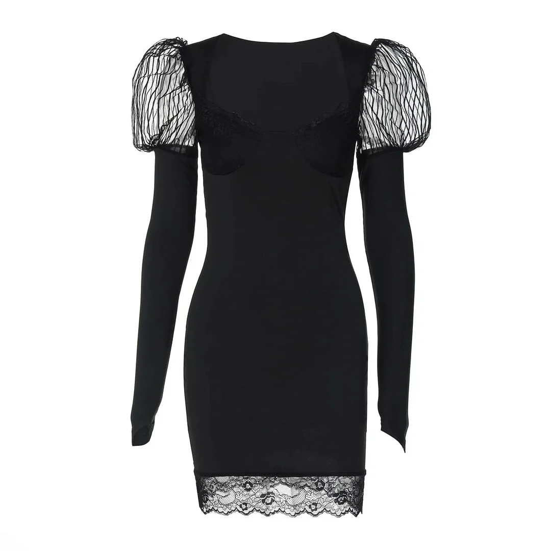 Toloer Black Lace Puff Long Sleeve Mini Dress-Outfit Ideas