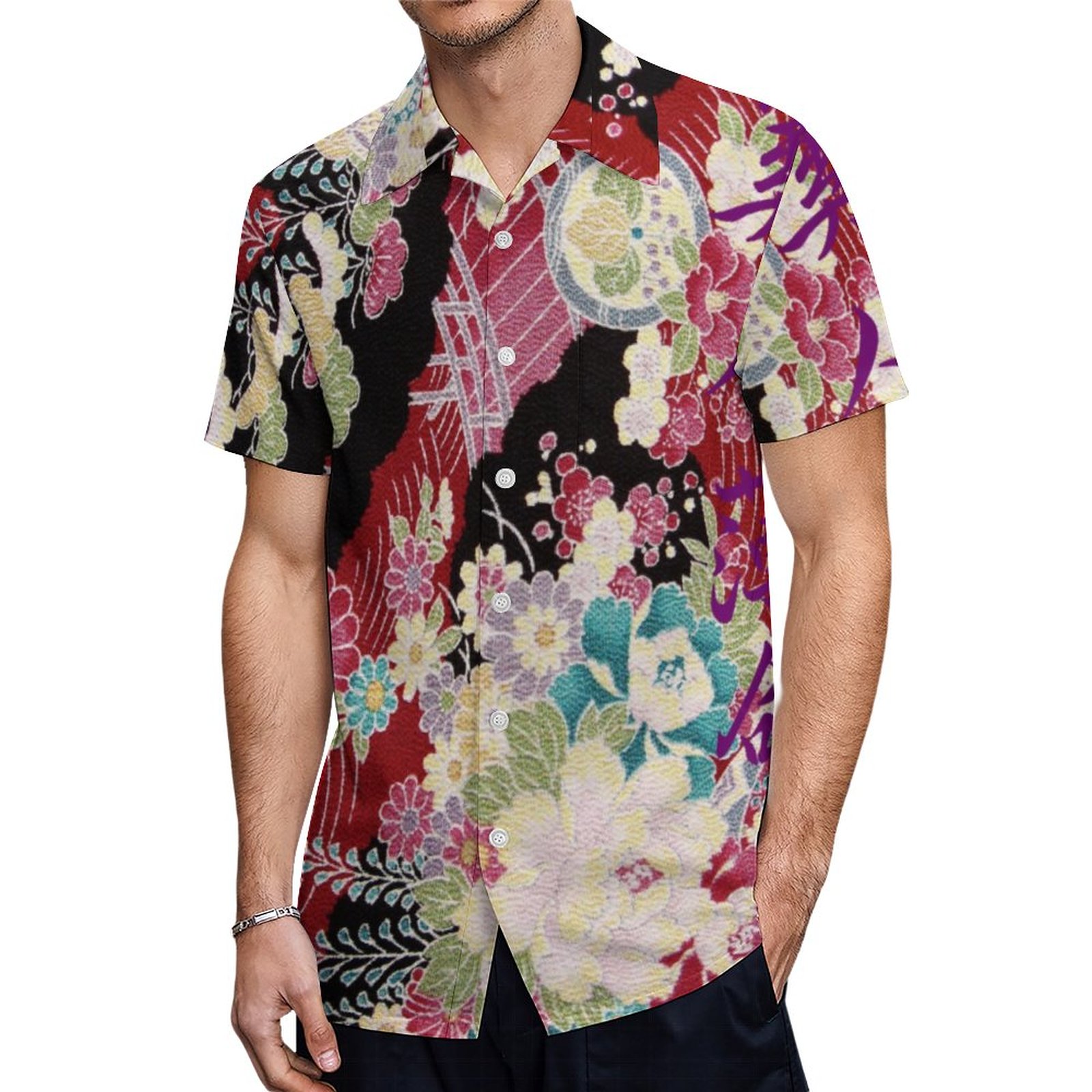 Oriental Kimono Print | Men's Tropical Print Hawaiian Beach Vacation Shirt | Hawaiian Shirt Outfit Men Camo Hawaiian Shirt Aloha Shirts Near Me Vacation Resort