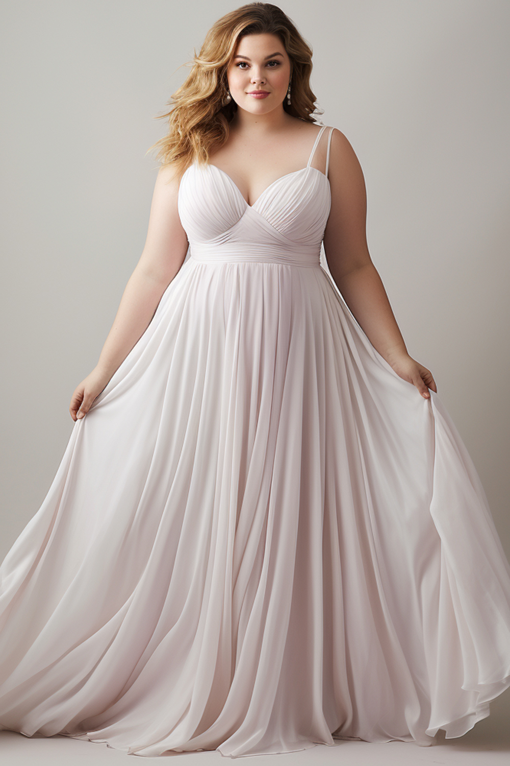 Flycurvy Plus Size Bridesmaid Light Pink Chiffon Empire Waist Built-in Bra Cami Maxi Dress