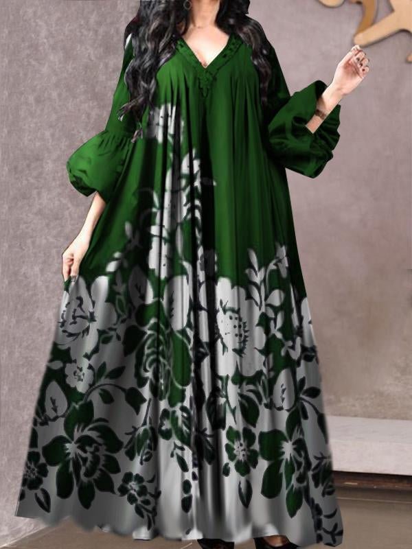 Flare sleeve v-neck pleated flower pattern dress