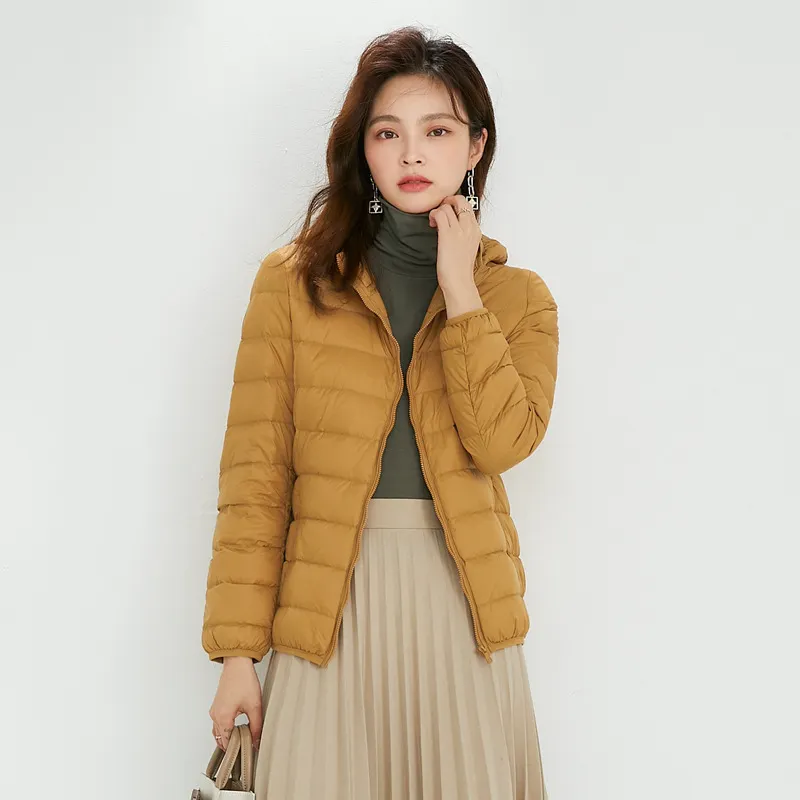 Uveng 2024 New Down Jacket Female Light Short Hooded Korean Version Large Size Slim Warm White Duck Down Pure Color Coat Tide