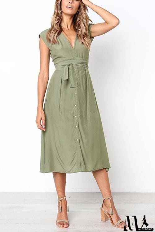 MidiSono - V Neck Tie Waist Dress