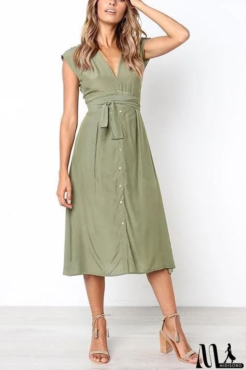 MidiSono - V Neck Tie Waist Dress