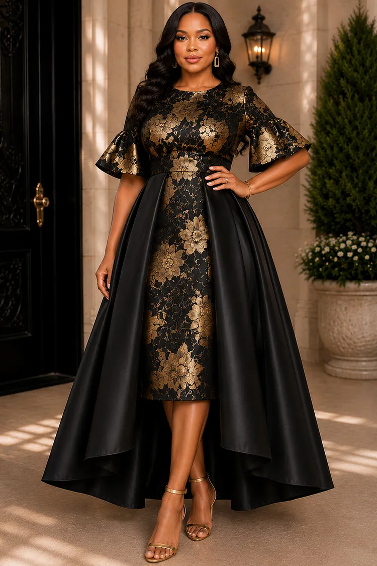 Xpluswear Design Plus Size Formal Black Foil Print Round Neck Puff Sleeve Short Sleeve With&nbsp;Skirt&nbsp;Overlay Satin Midi Dresses [Pre-Order] 2024 - Xpluswear
