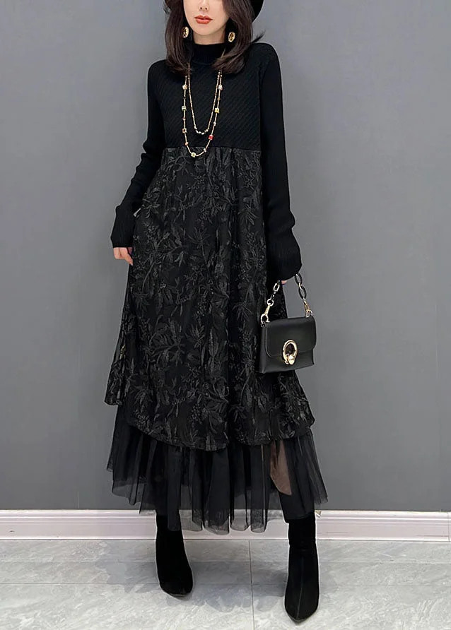 Casual Black Tulle Patchwork Cotton Knit Maxi Sweater Dress Batwing Sleeve main image 0