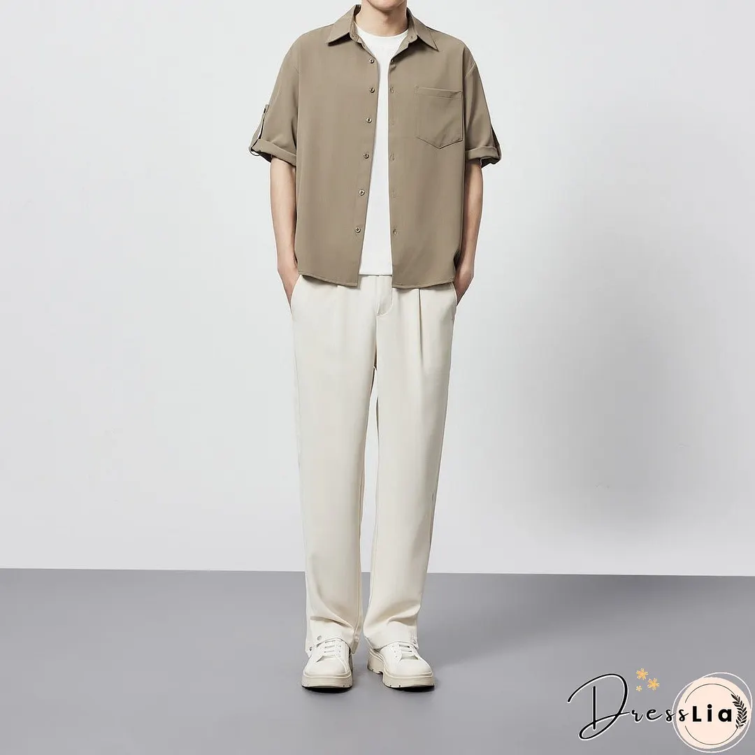 Minimalist Basic Solid Color Short Sleeve Shirt Loose Twill