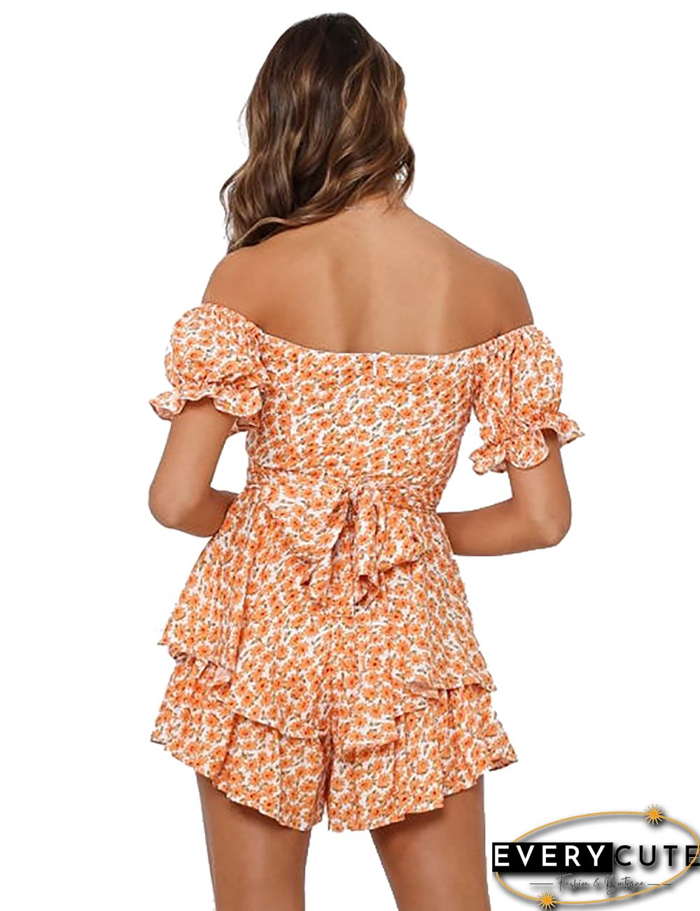 Orange Pink Digital Print Ruffle Off Shoulder Romper