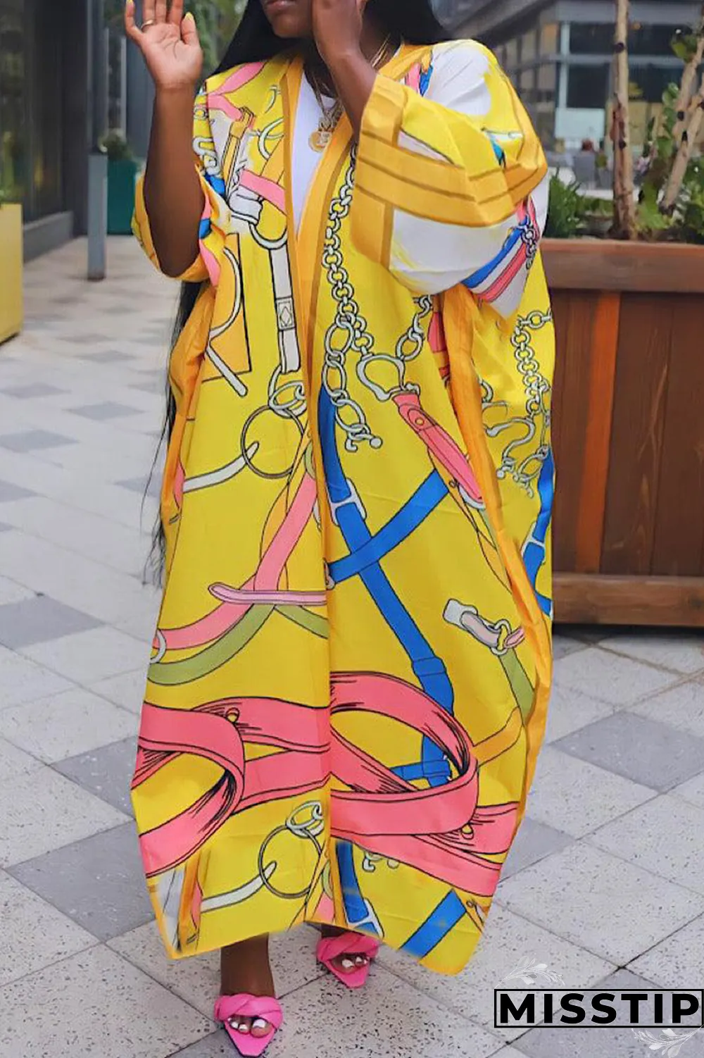 Yellow Casual Print Bandage Cardigan Collar Outerwear