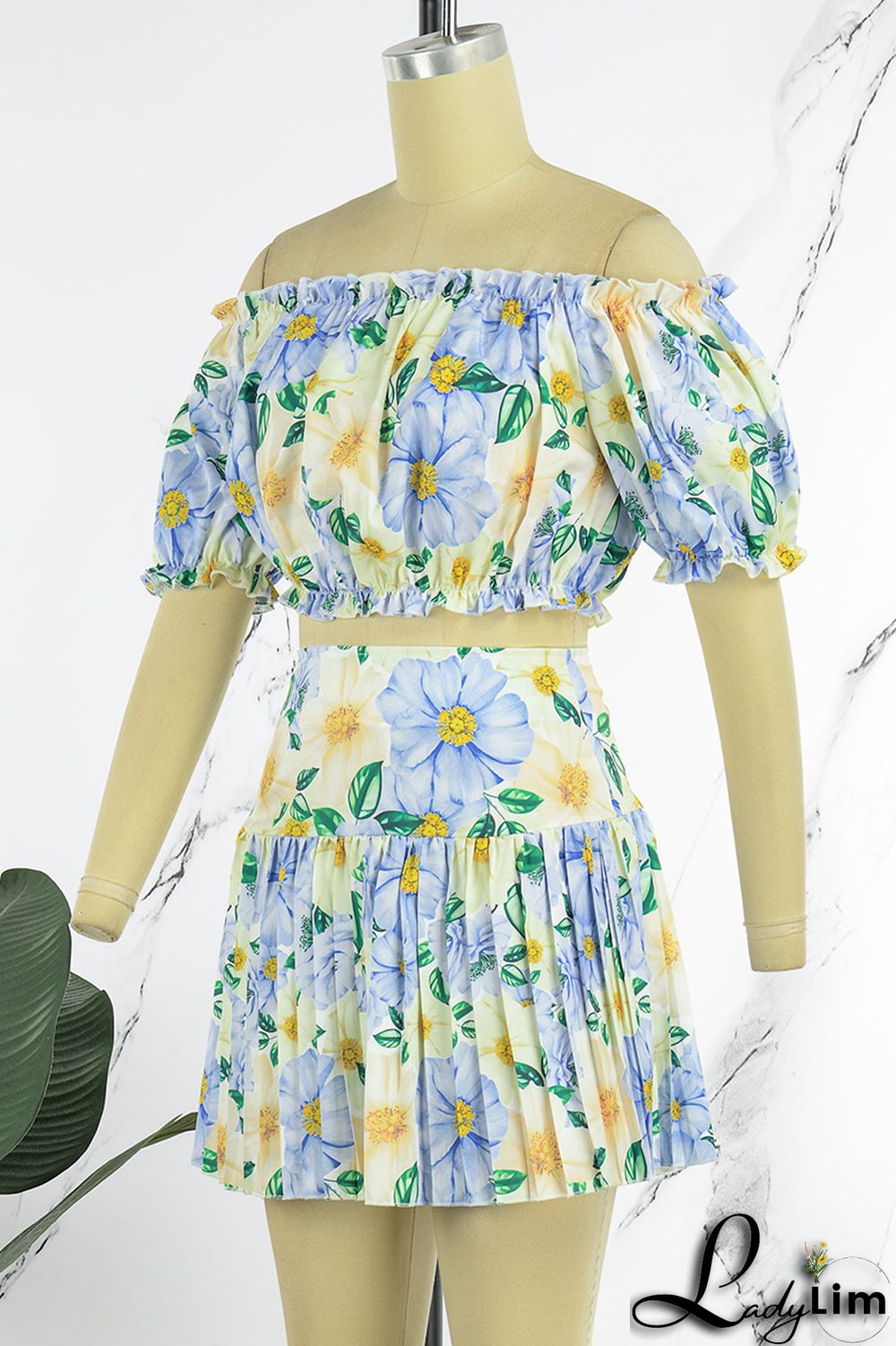 Yellow Sexy Print Patchwork Off the Shoulder Short Sleeve Two Pieces