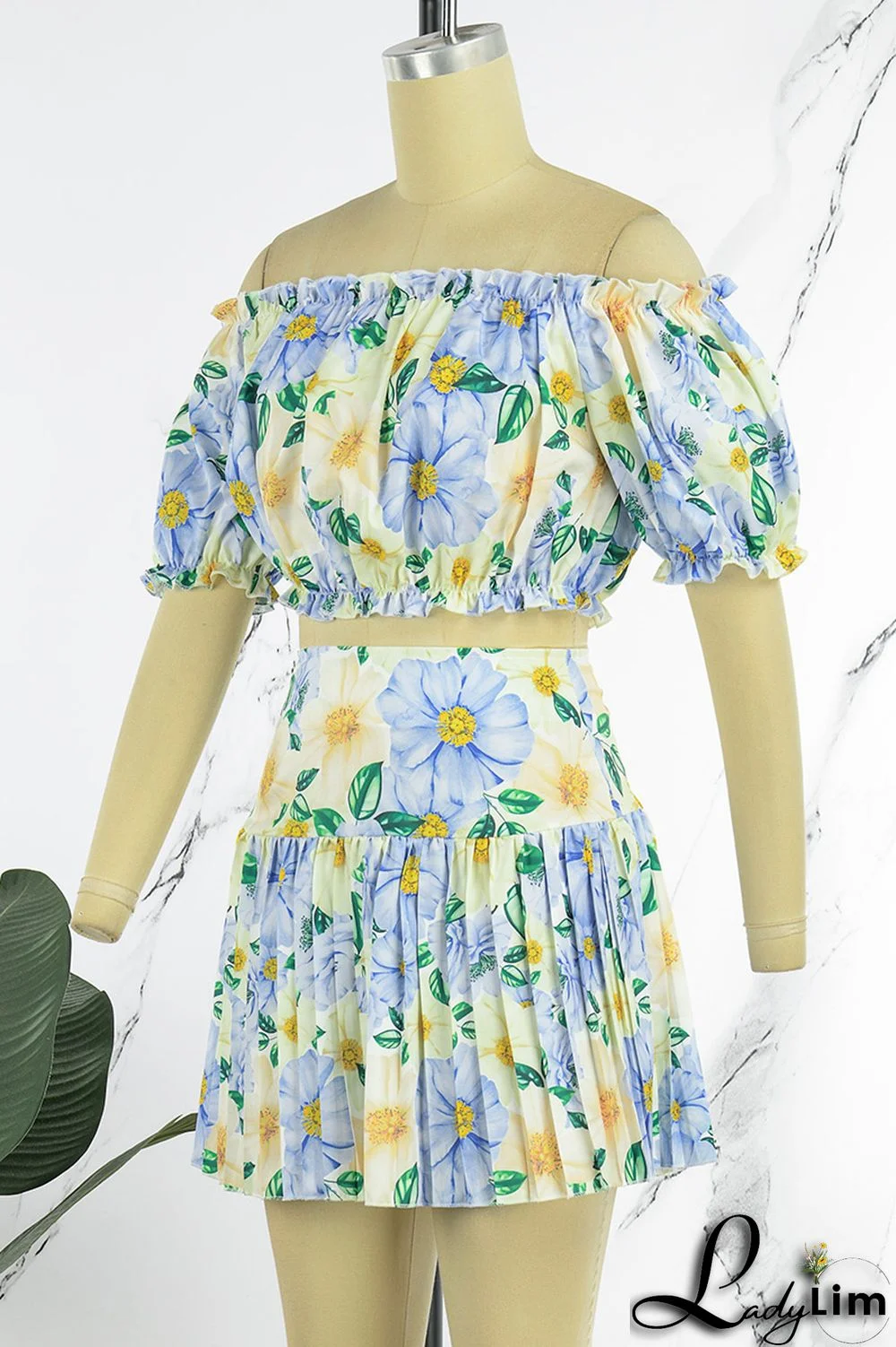 Yellow Sexy Print Patchwork Off the Shoulder Short Sleeve Two Pieces