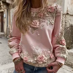 Women's Pink Rose Embroidery Art Round Neck Long Sleeve Sweatshirt - Image 2
