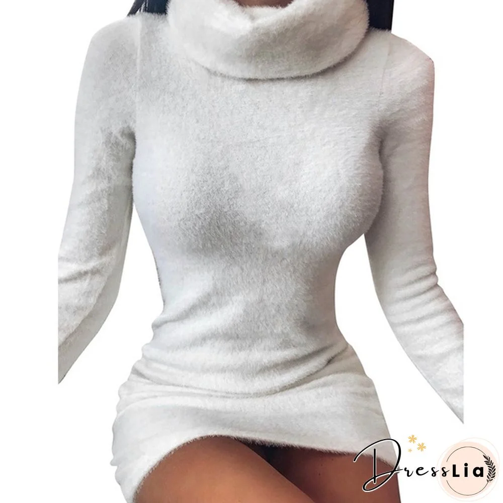 Fall/Winter Fashion Turtleneck High Collor Dresses Solid Color Bodycon Mini Casual Pullover Dresses