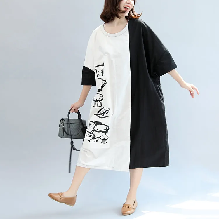 2025 fall black white patchwork cotton dresses oversize print warm outfits