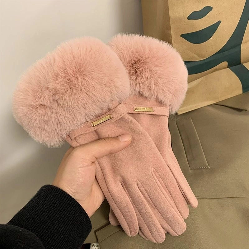 De Fluff Mouth Women’s Gloves Warm Windproof Riding Fleece-lined Thickened Outdoor Winter Finger Gloves