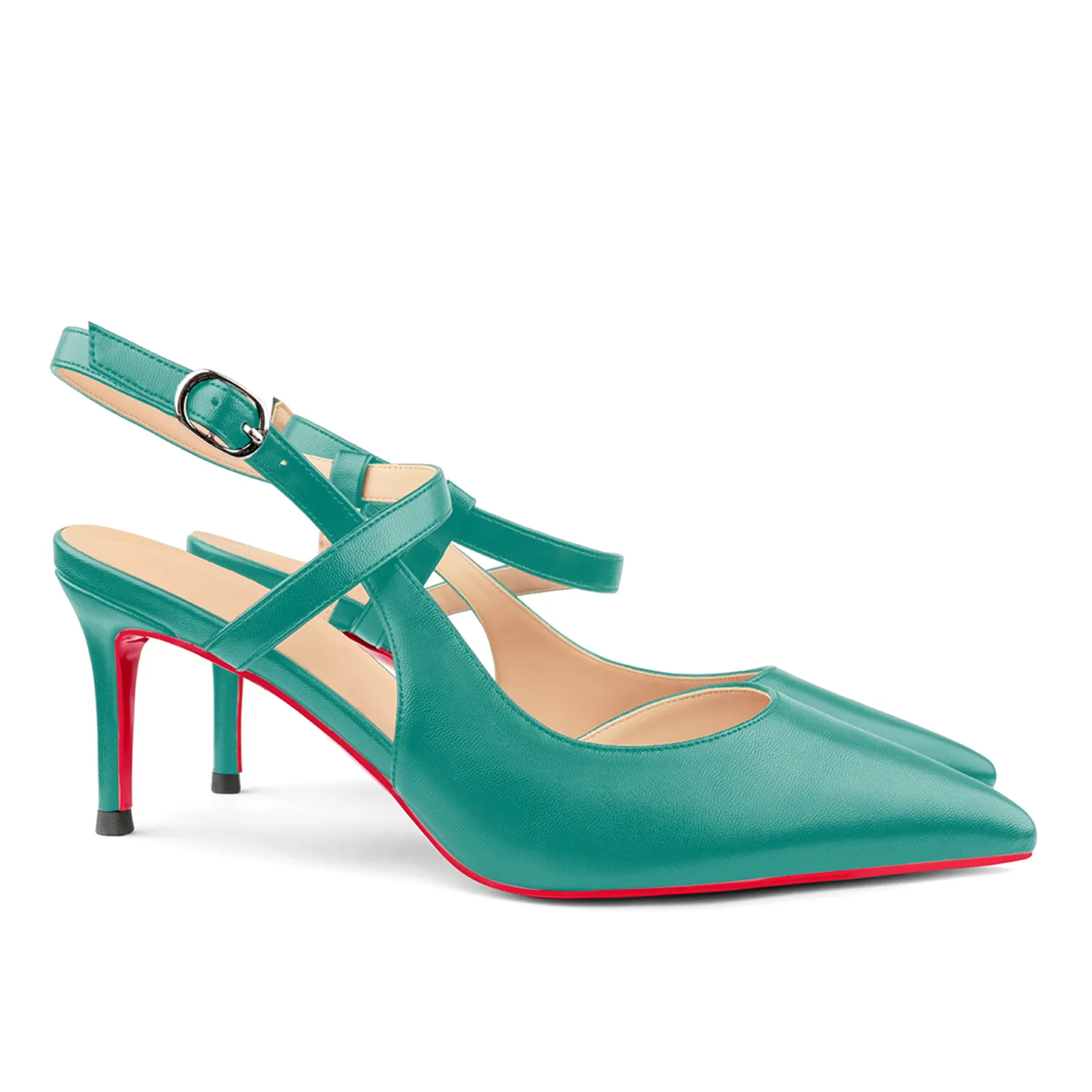 65mm Women Slingback Pumps Ankle Strap Jenlove Stiletto Pointed Toe Dress Red Bottoms Matte Heels Shoes-vocosishoes