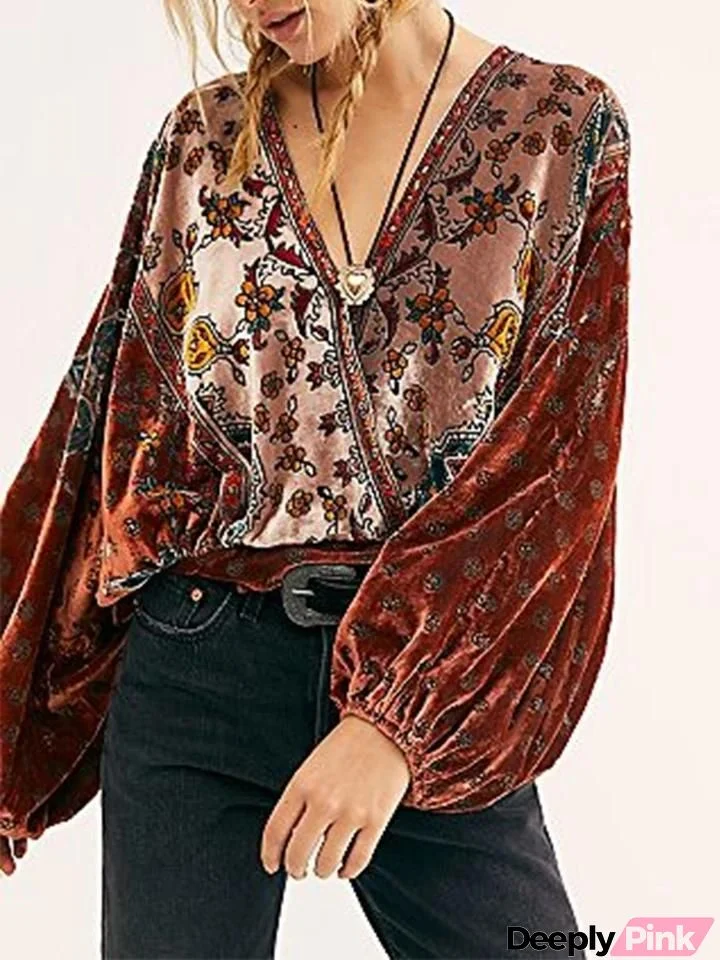 Women'S Round Neck Retro Velvet Loose Print Top