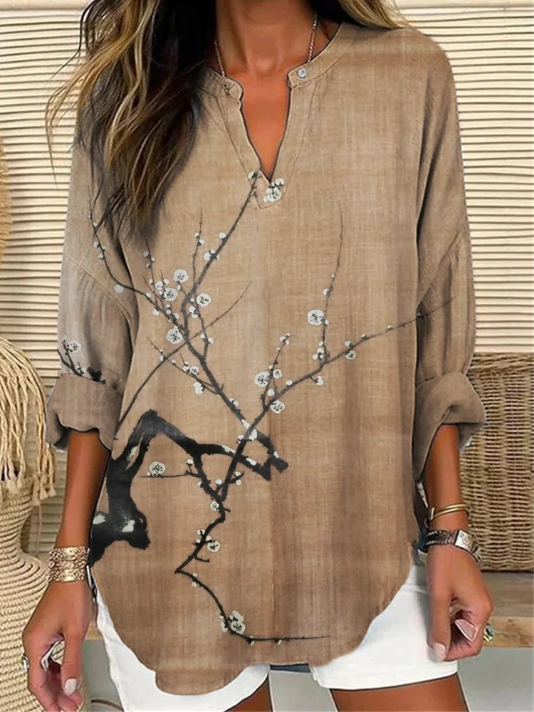 Simple Plum Blossom Japanese Art Linen Blend Tunic