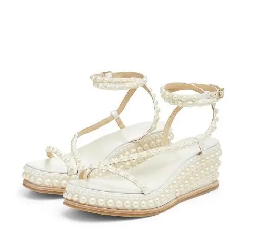 VCSHOES White Full Pearl Open Toe Platform Wedge Sandals Woman 6 Cm Heels Slingback Thick Sole Casual Shoes Size 42