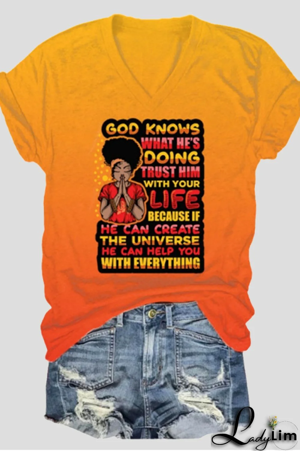 Pink Orange Fashion Casual Gradual Change Print Basic V Neck T-Shirts