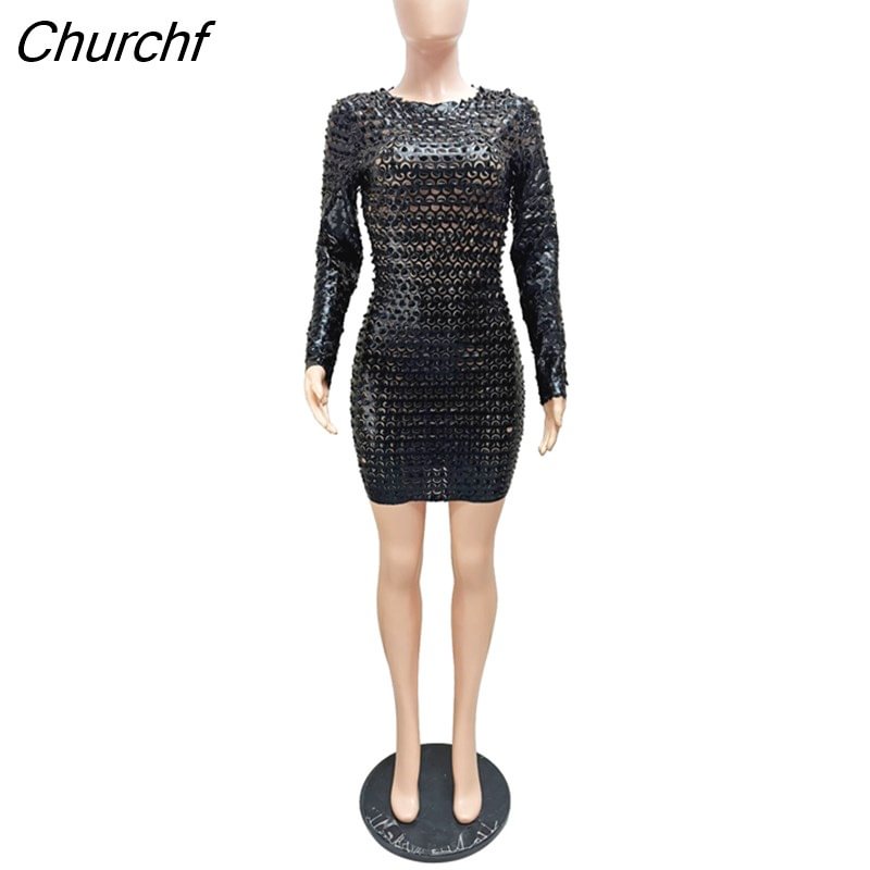 Churchf Dress For Women Long Sleeve Sexy Hollow Out Dresses Spring Autumn Solid O-Neck Fashion Party Nightclub Outfits 2023 New