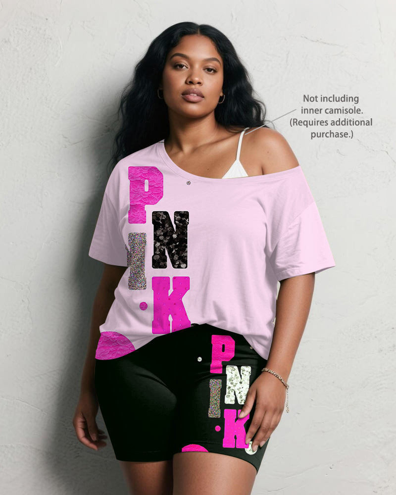 Women's Plus Size Daily Casual PINK Letter Print Short Sleeve Shorts Suit