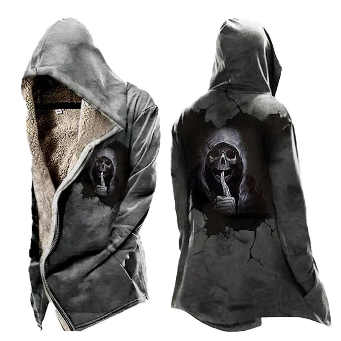 Mens Vintage 3D Skull Print Tactical Zipper Hooded Fleece Jacket