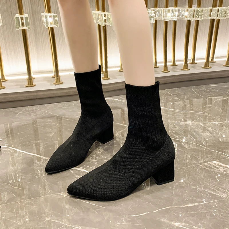 Knitted Ankle Boots Women Shoes Woman Pointed Toe Stretchy Chunky Square Med Heels Fashion Sock Short Boots