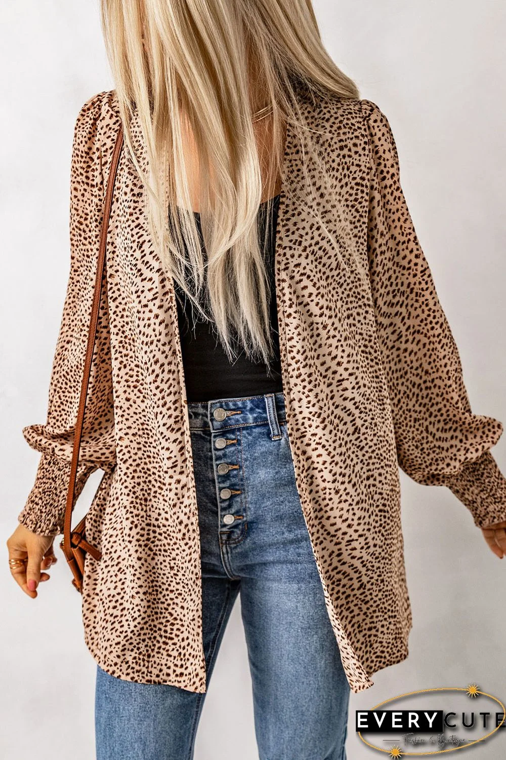 Apricot Animal Print Shirred Cuff Lantern Sleeve Cardigan