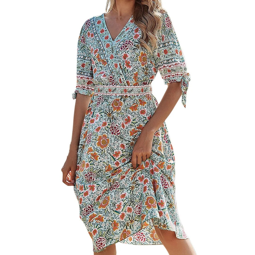 Women Summer Maxi Dress Boho Flowers Print Button Down Flare Sleeve Loose Dress Casual Dresses Woman Party Night Beach Dresses