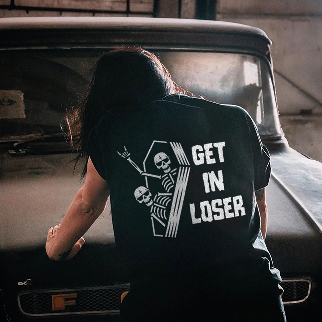 GET IN LOSER Skull in Coffin Graphic  Black Print T-shirt