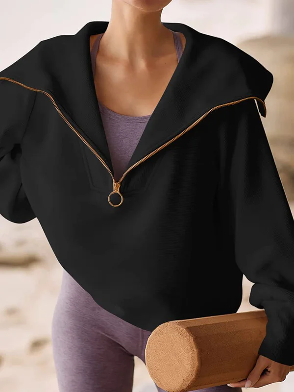 Zipper Solid Color Loose Long Sleeves V-Neck Sweatshirt Tops