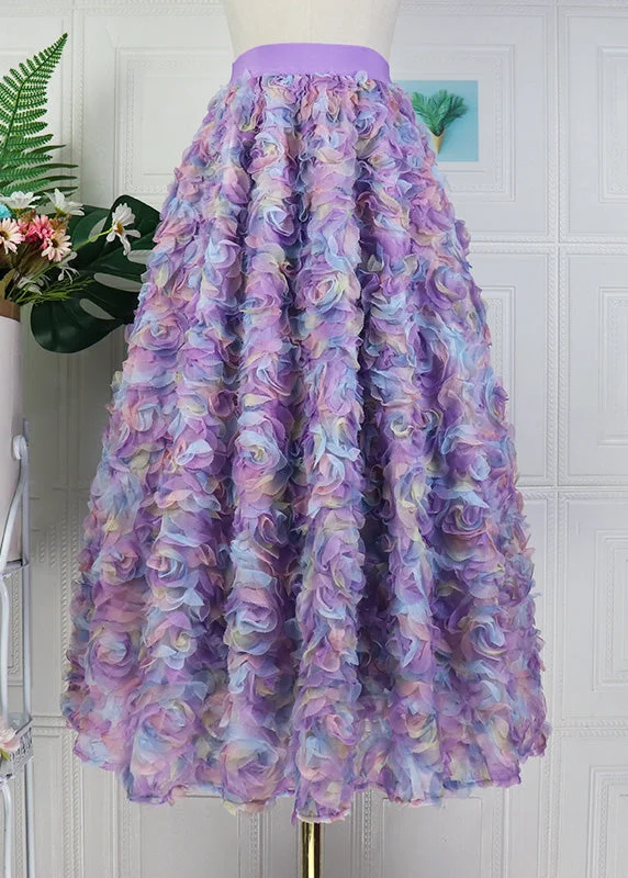 Gradient Color Purple Embroideried Floral Elastic Waist Tulle Maxi Skirt Long Sleeve