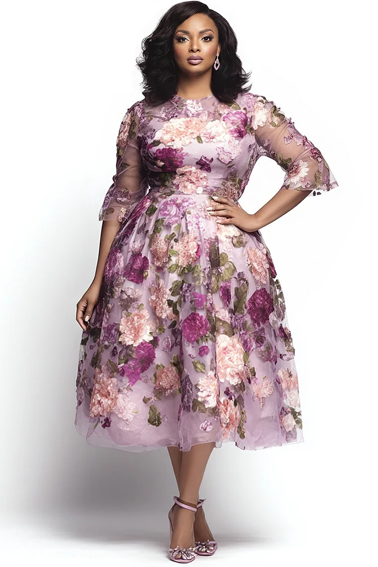Xpluswear Design Plus Size Cocktail Party Elegant Pink Floral Round Neck Half Sleeve See Through Tulle Midi Dresses [Pre-Order] 2024 - Xpluswear