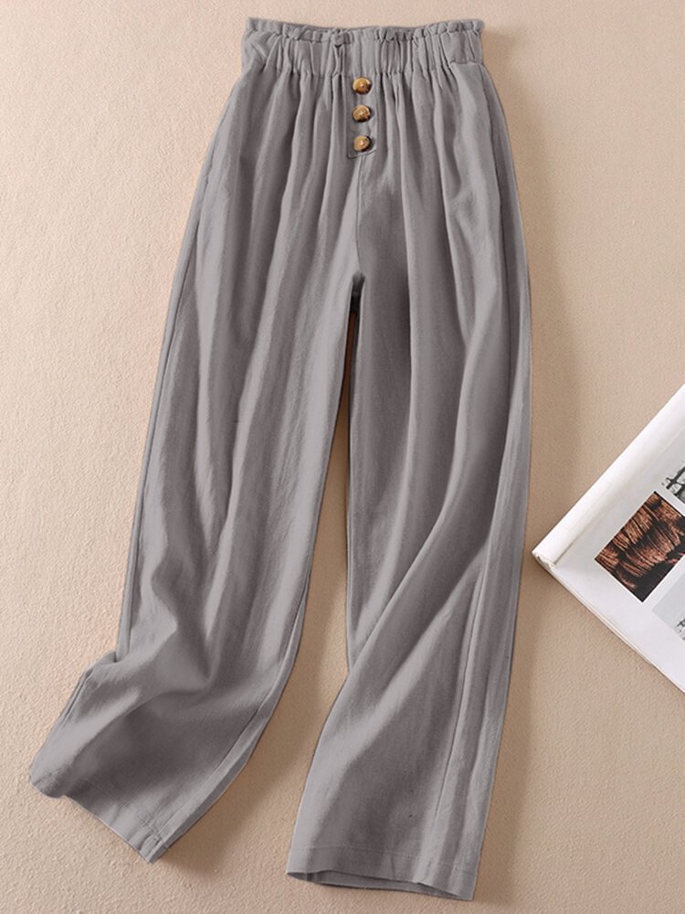 Solid Pocket Button Elastic Waist Straight Leg Pants - Life is Beautiful for You - SheChoic