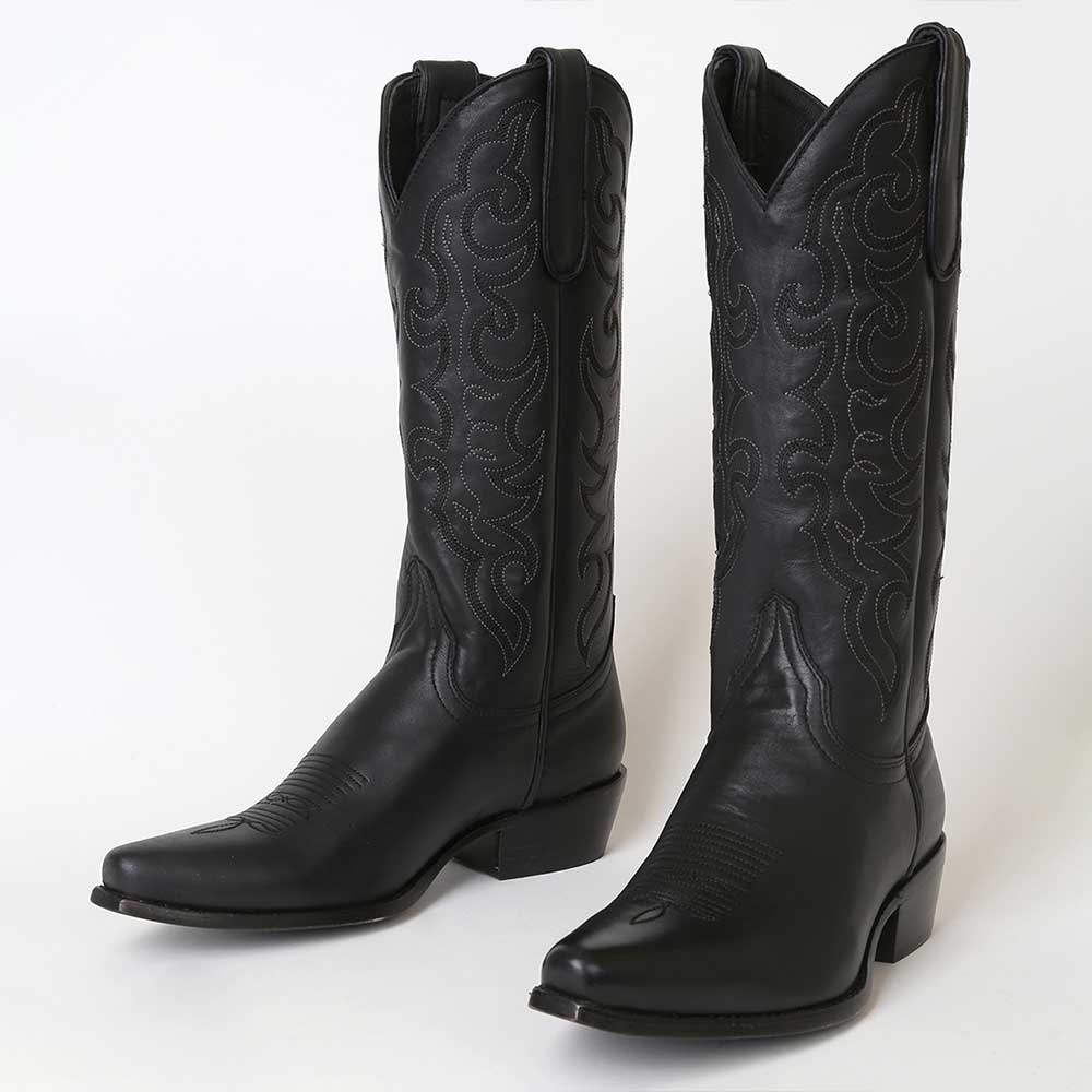 Classic Black Snip Toe Chunky Heel Embroidered Mid-Calf Cowgirl Boots Nicepairs